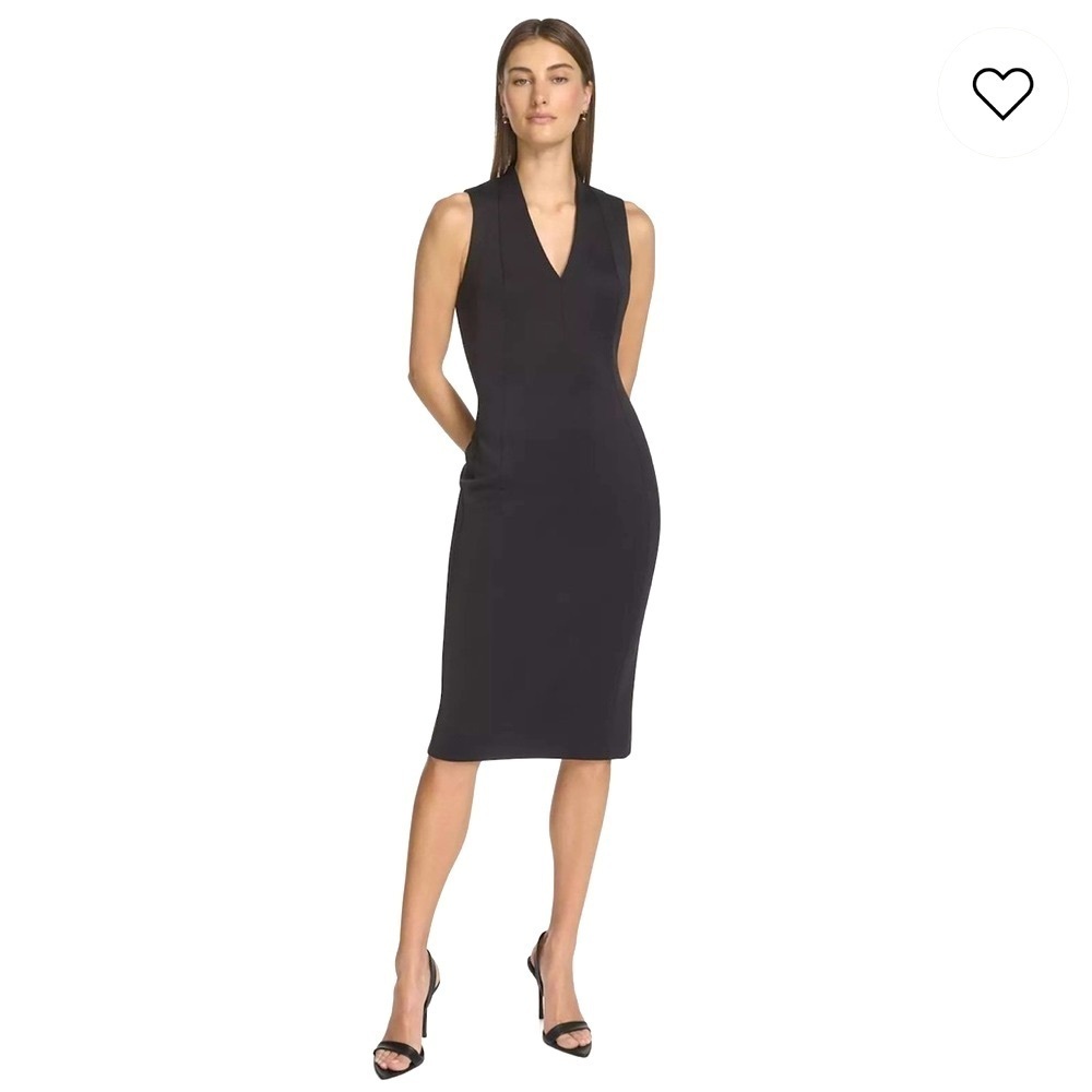Andrew Marc Black Sleeveless V‑Neck Sheath Dress workwear autumn wedding guest